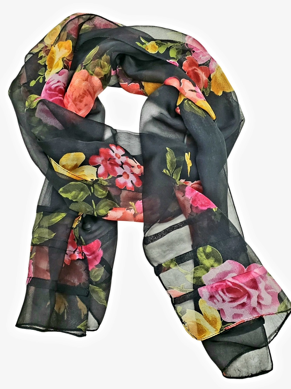 Floral Sheer Black Scarf with Pink & Yellow Blooms